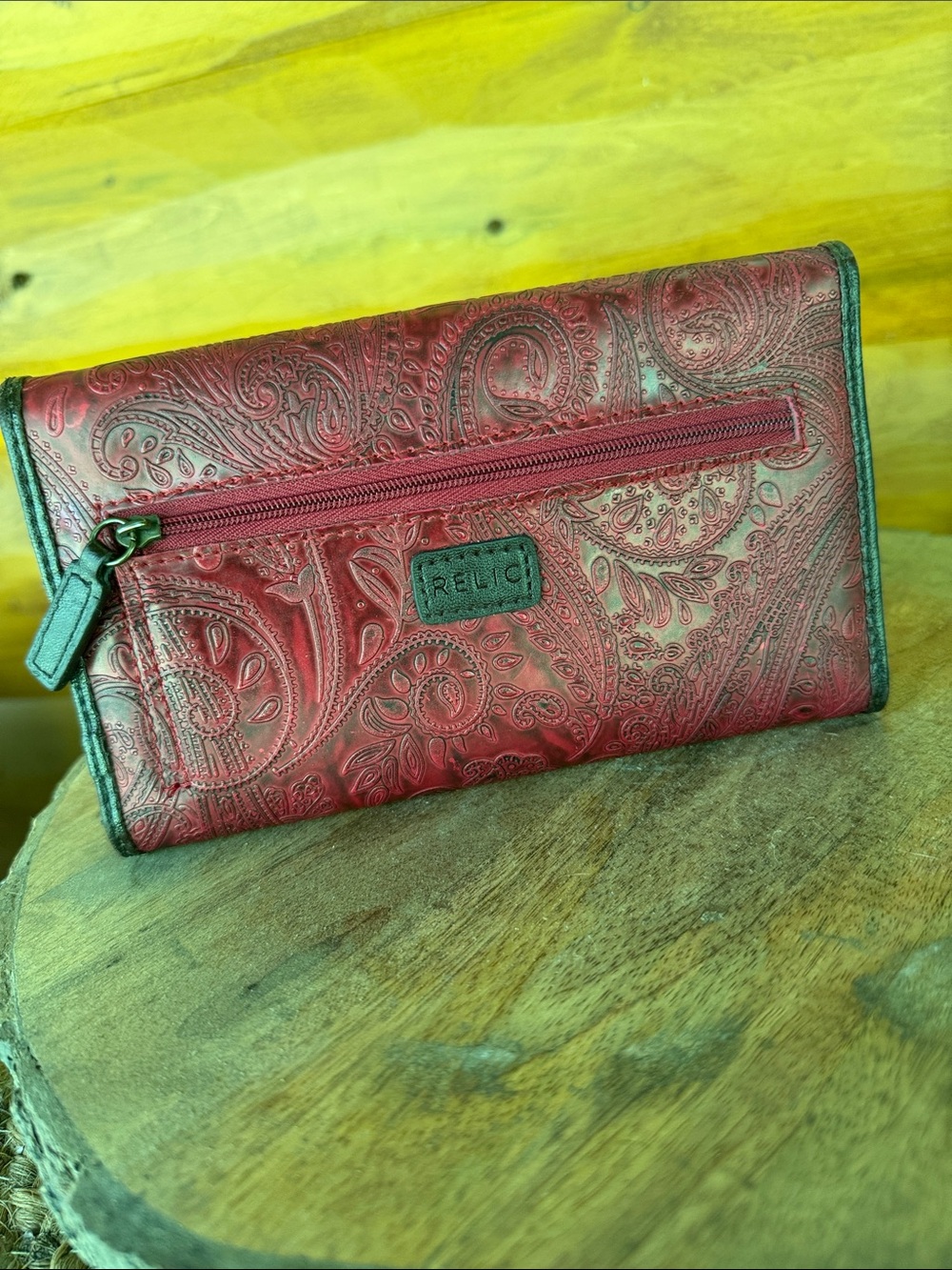 Relic Embossed Red Leather Fold Wallet with Black Trim - Picture 2 of 3